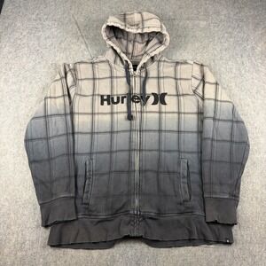 VTG Hurley Plaid Ombre Zip Up Hoodie Sweatshirt Mens Large Gray Black Skate Surf